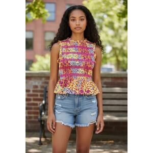 Easel Sz S Fitted Smocked Ruffled Sleevless Top Boho Floral Print Summer